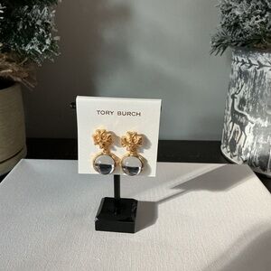 Tory Burch NWT Gold Logo Drop Earrings Clear Stone Dangle